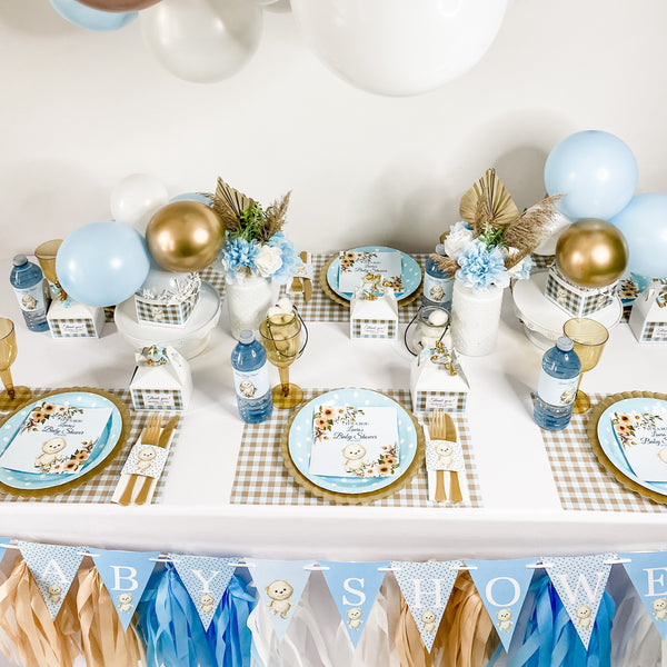 CUDDLY TEDDY BEAR FLORALS & CHECKS BOY BABY SHOWER
