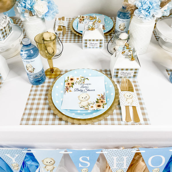CUDDLY TEDDY BEAR FLORALS & CHECKS BOY BABY SHOWER