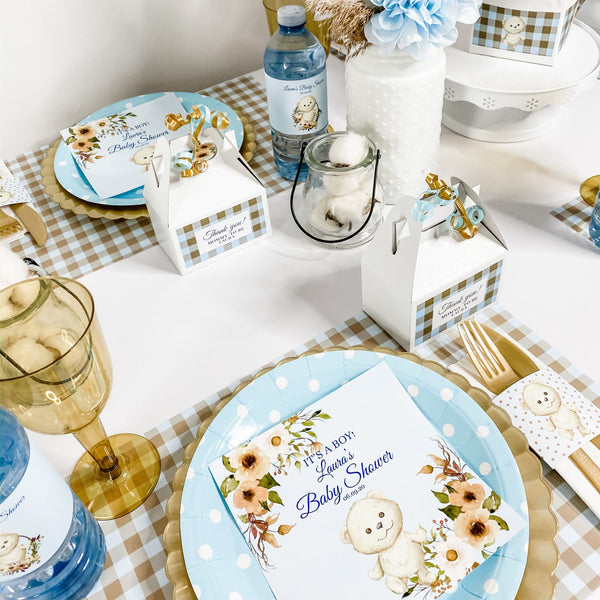 CUDDLY TEDDY BEAR FLORALS & CHECKS BOY BABY SHOWER