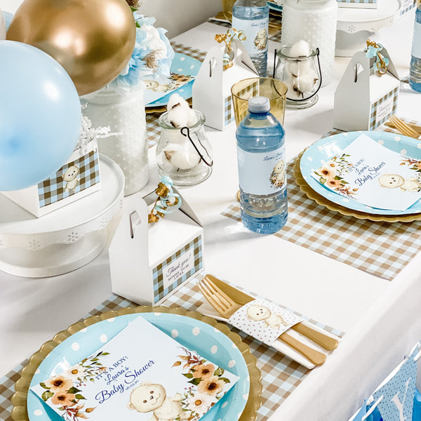 CUDDLY TEDDY BEAR FLORALS & CHECKS BOY BABY SHOWER