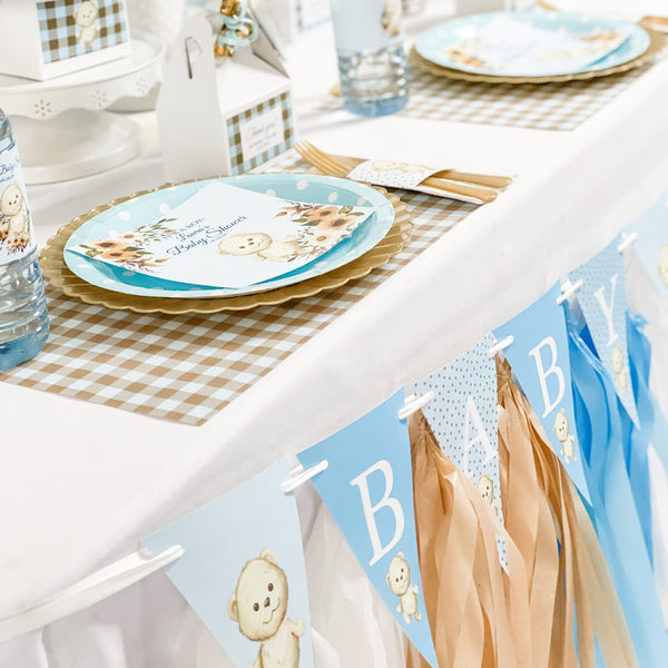 CUDDLY TEDDY BEAR FLORALS & CHECKS BOY BABY SHOWER