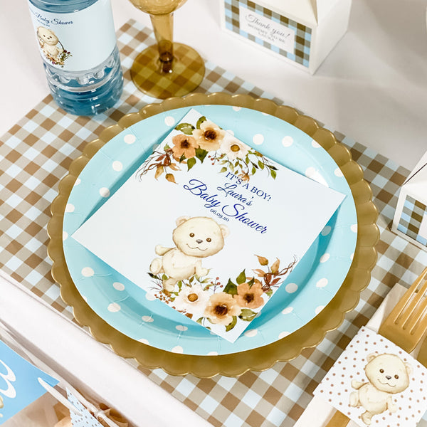 CUDDLY TEDDY BEAR FLORALS & CHECKS BOY BABY SHOWER