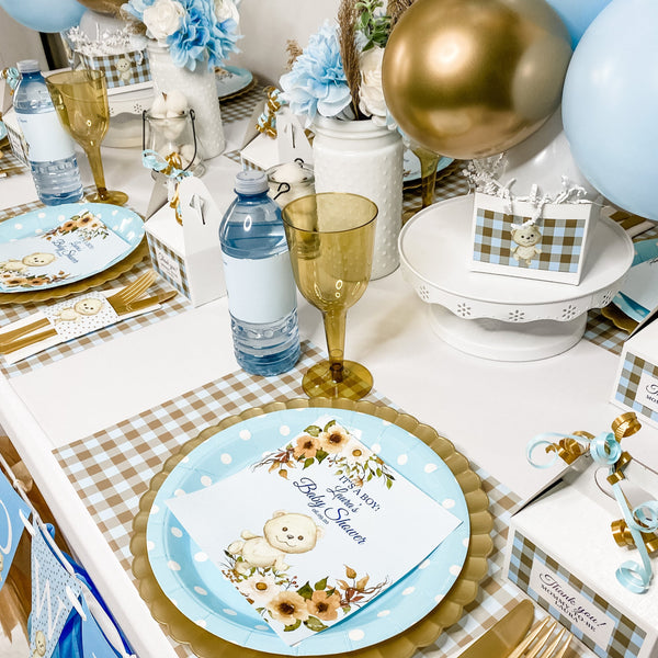 CUDDLY TEDDY BEAR FLORALS & CHECKS BOY BABY SHOWER