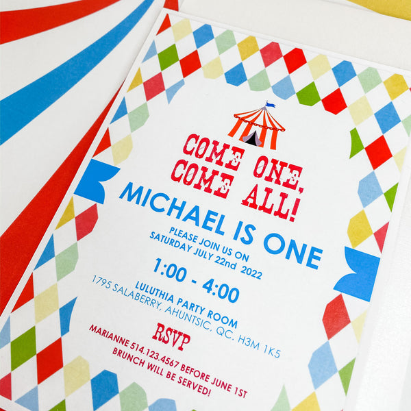CIRCUS 1ST BIRTHDAY FUN CARNIVAL INVITATION CARD