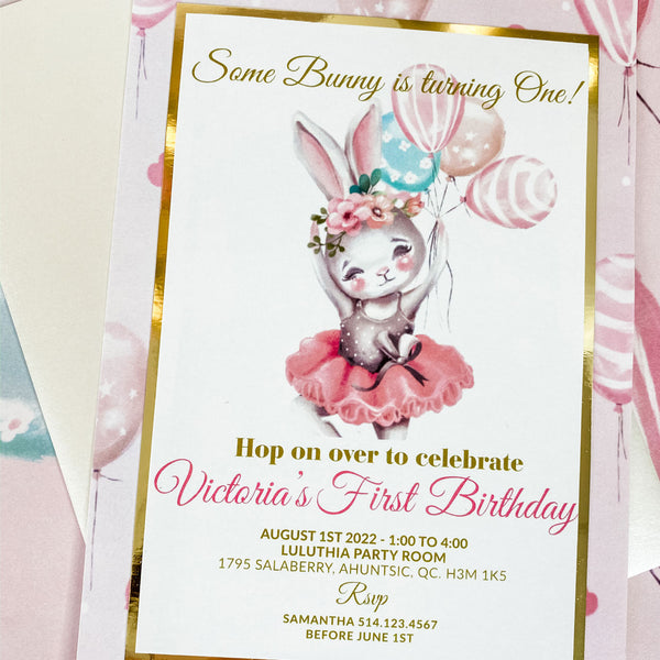 BABY GIRL BALLERINA BUNNY FIRST BIRTHDAY INVITATION CARD