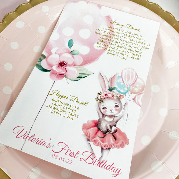BABY GIRL BALLERINA BUNNY FIRST BIRTHDAY MENU CARDS