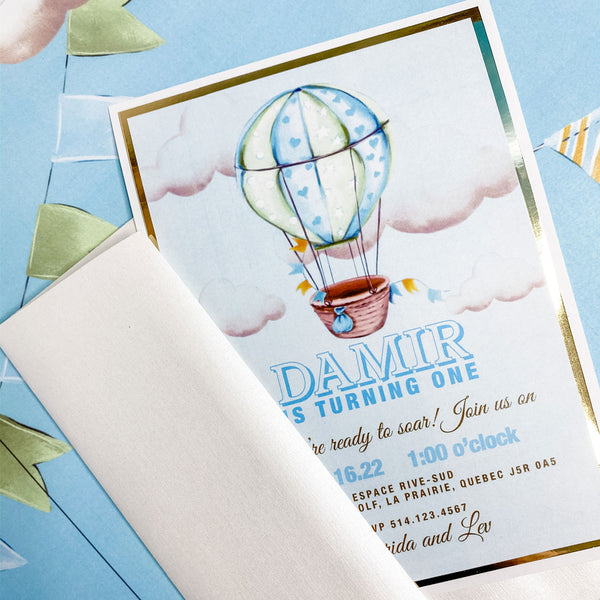 UP UP AND AWAY FIRST BIRTHDAY INVITATION CARD