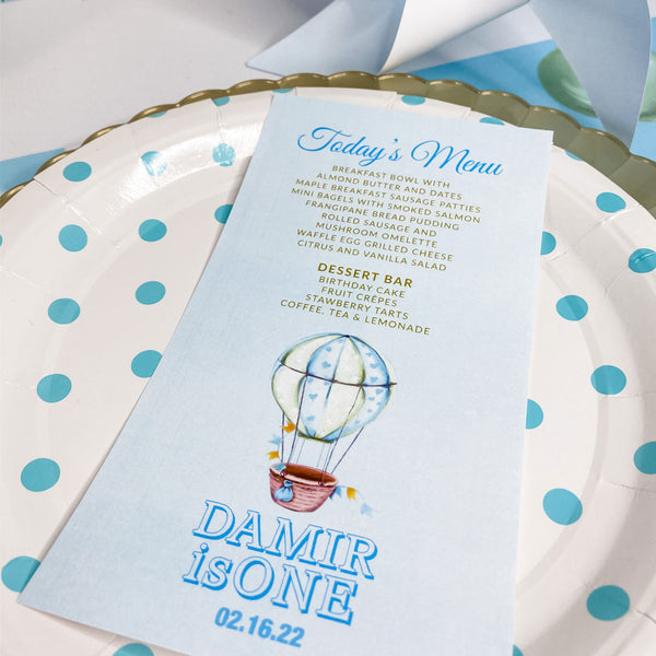 UP UP AND AWAY FIRST BIRTHDAY MENU CARDS
