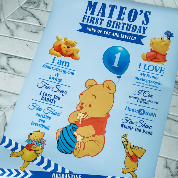 WINNIE THE POOH'S FIRST BIRTHDAY MILESTONE PERSONALIZED POSTER, FUN FACTS & ACHIEVEMENTS