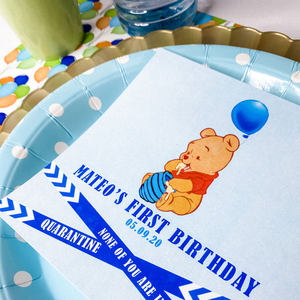WINNIE THE POOH'S FIRST BIRTHDAY QUARANTINE GUEST SEATING PLACE CARDS