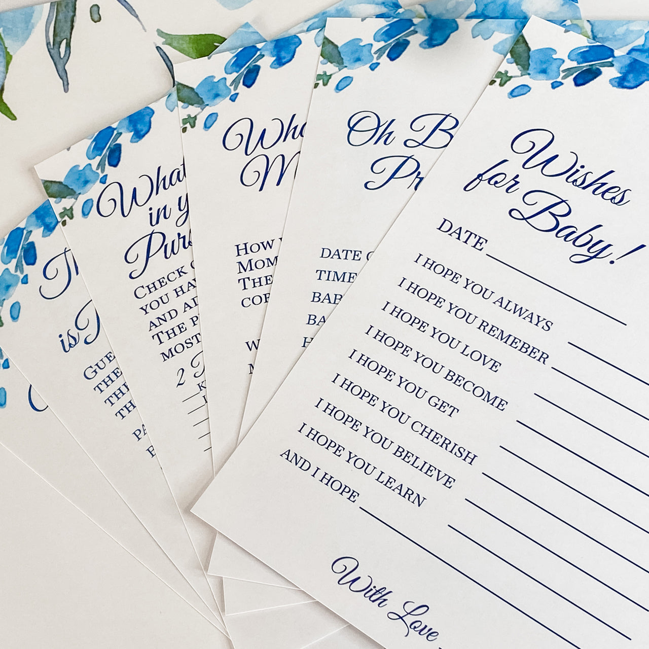 OH BABY - SHADES OF BLUE WATERCOLOR FLORALS GAME CARDS