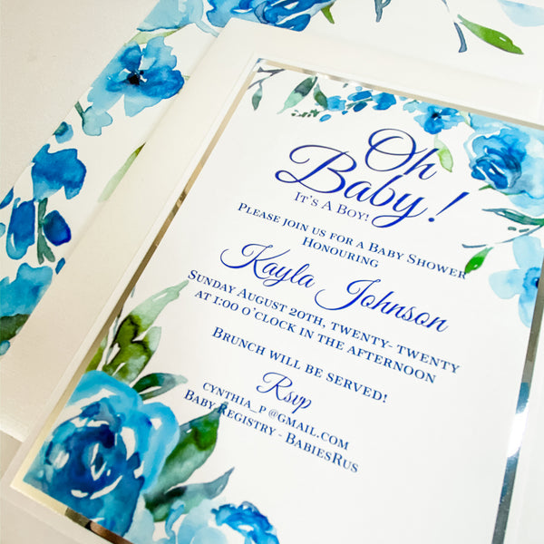 OH BABY - SHADES OF BLUE WATERCOLOR FLORALS INVITATION CARD