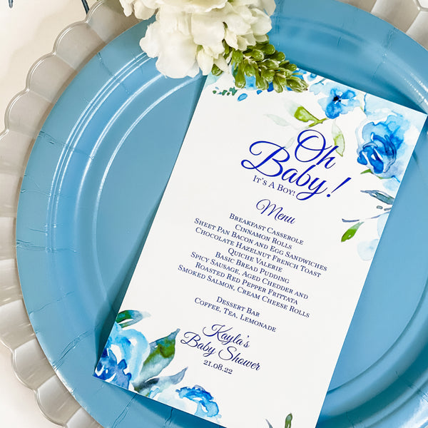 OH BABY - SHADES OF BLUE WATERCOLOR FLORALS MENU CARDS